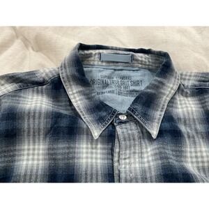 True Grit Mens Plaid Flannel Button Down Shirt Blue White XL Long Sleeve